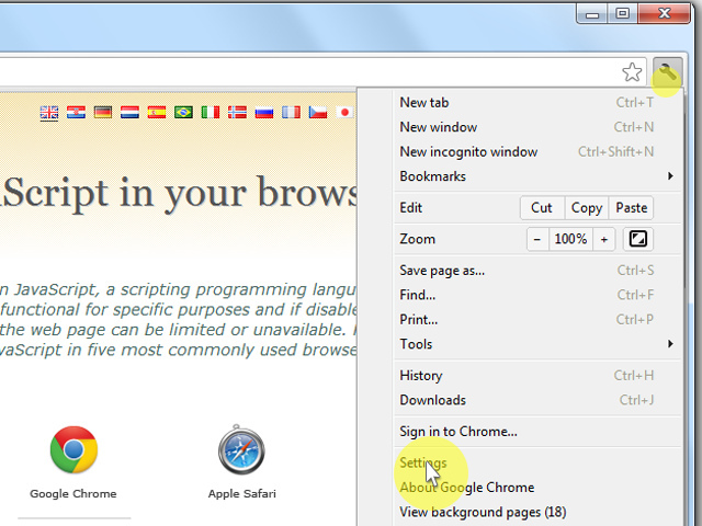 On the web browser menu click on the "Customize and control Google Chrome" and select "Settings".